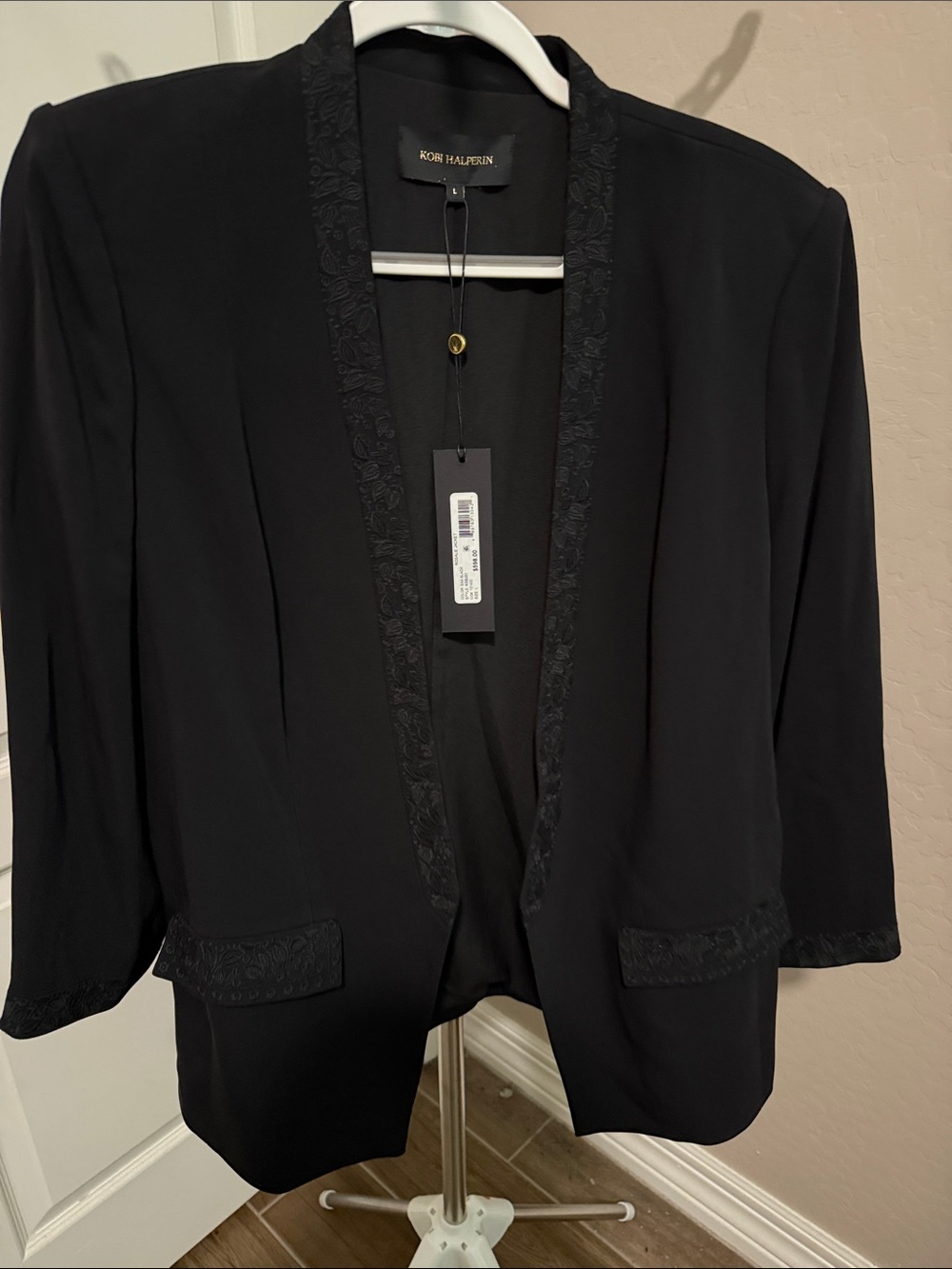 Kobi Halperin Black Open-Front Embroidered-Trim Blazer